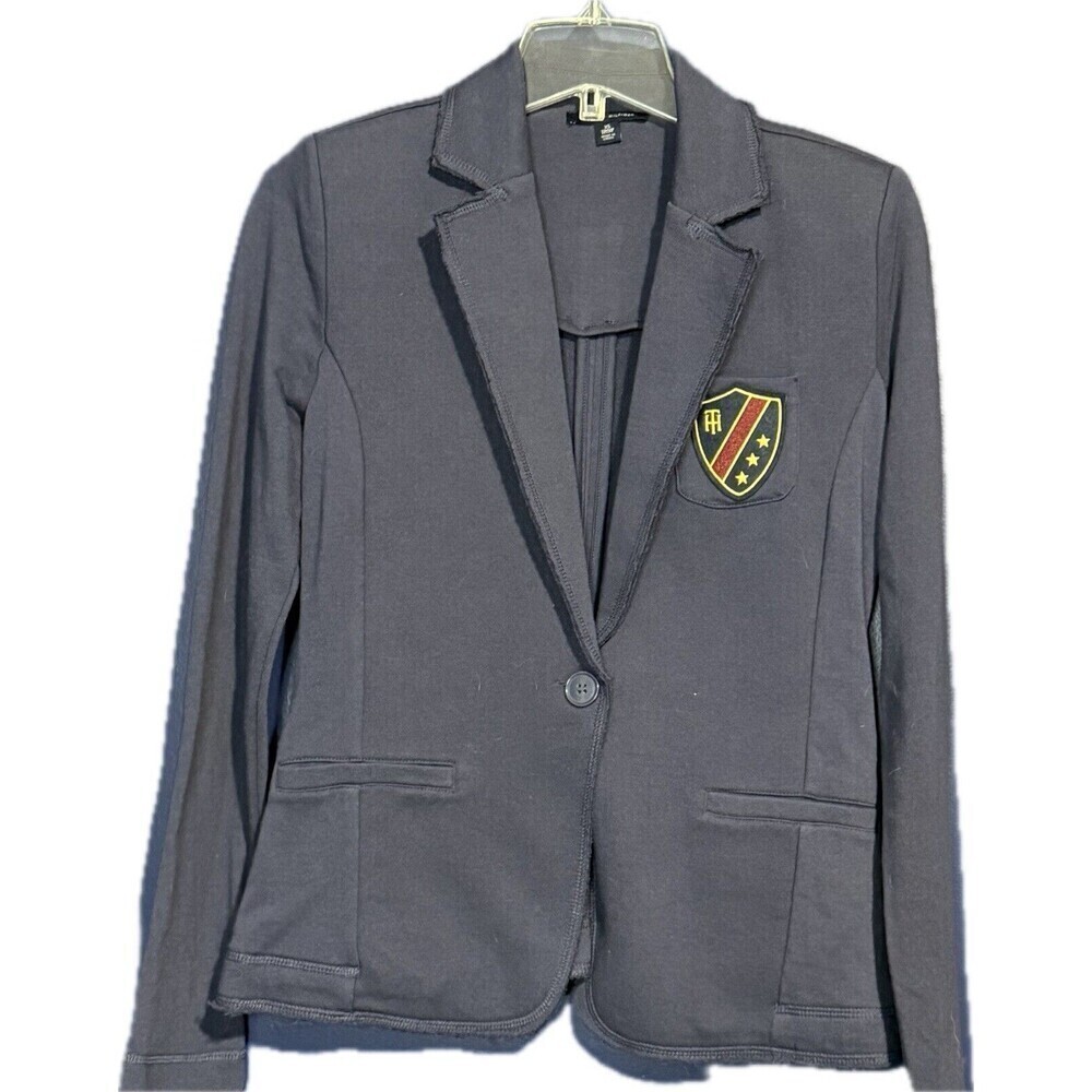 Tommy Hilfiger Blue Knit Blazer Crest Patch Raw Hem Sz Women Sz XS